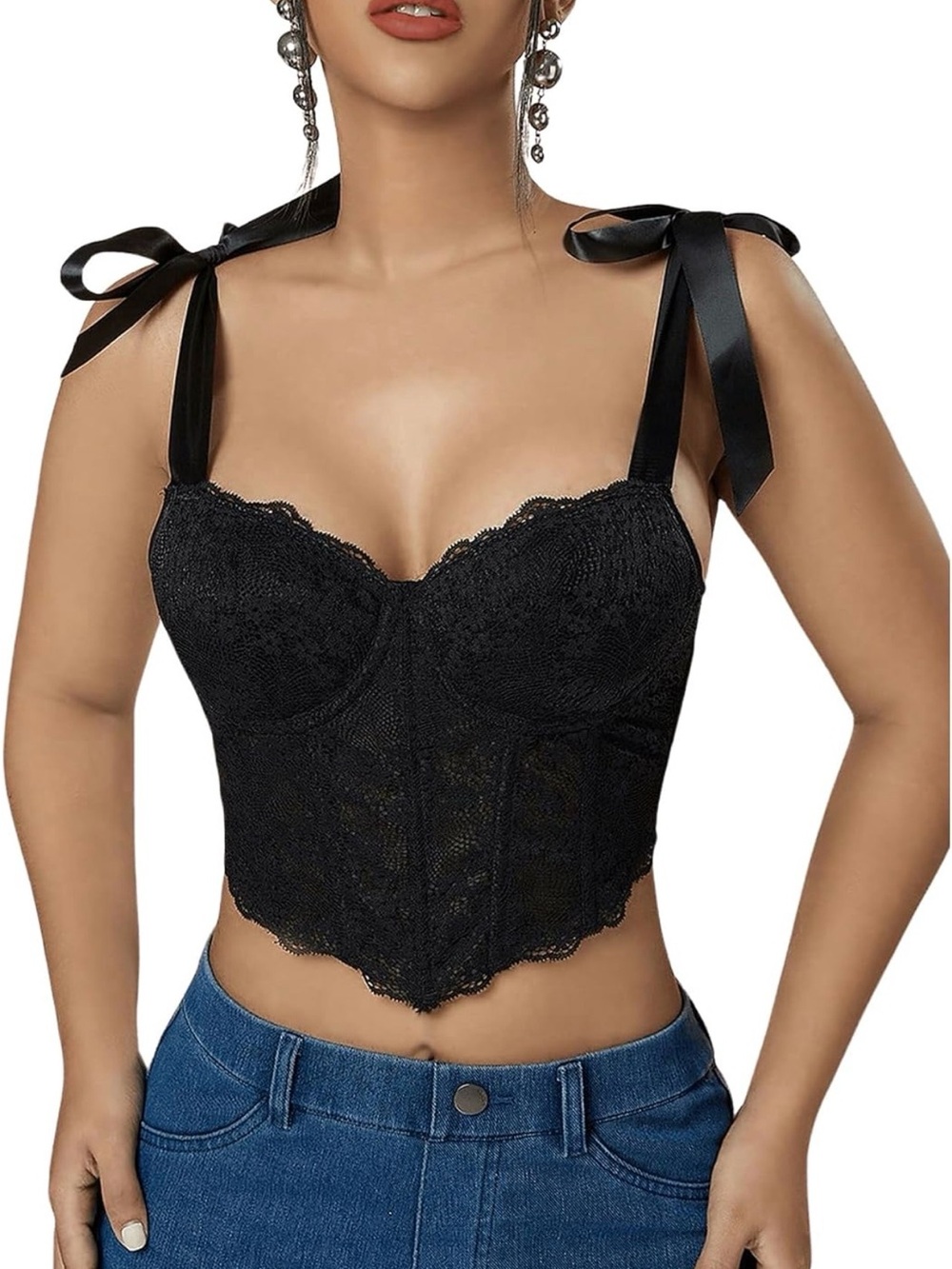 SHENHE Womens Tie Back Floral Lace Bustier Corset Top Tie Shoulder Sexy Crop Top